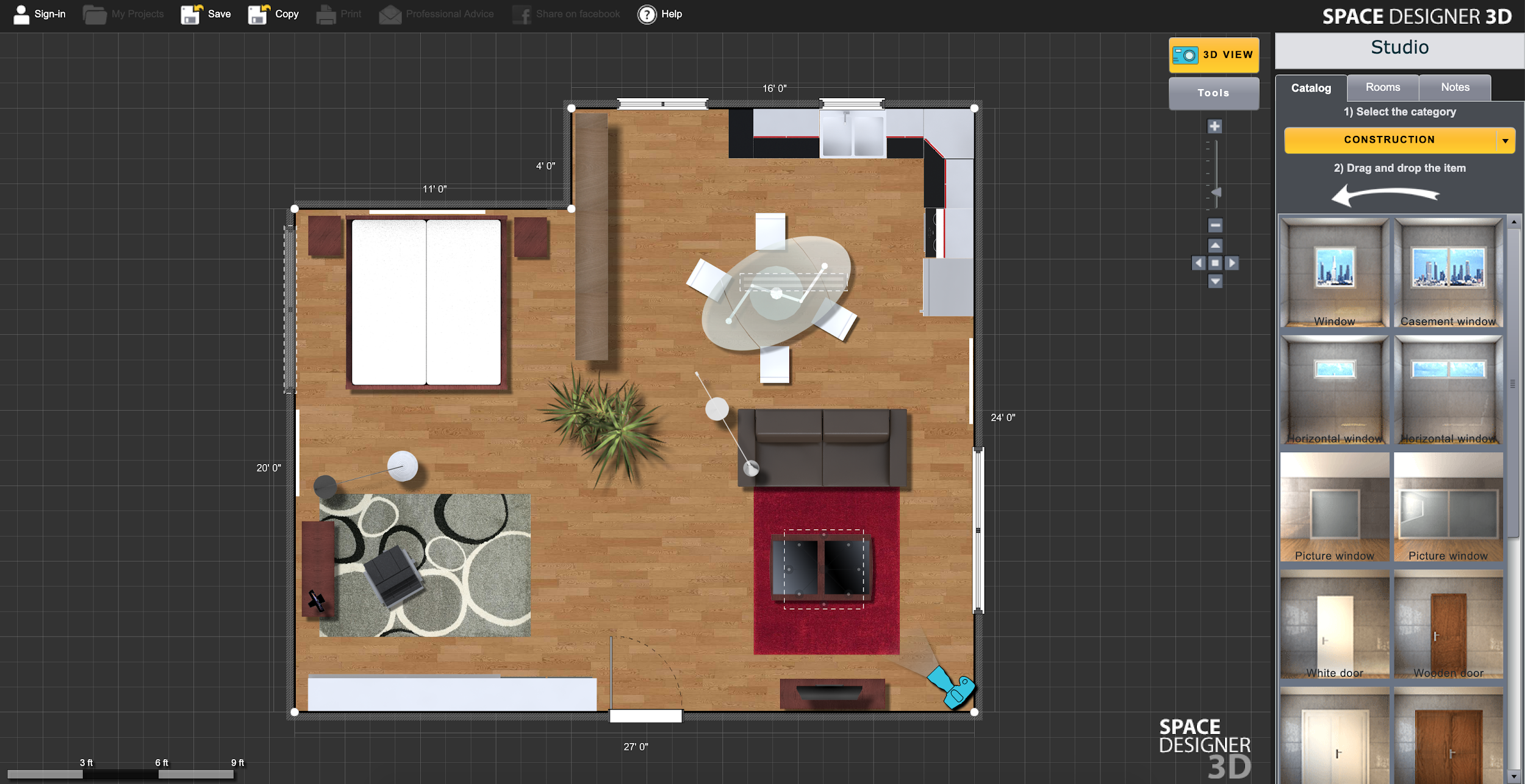 Screenshot of the 2D Plan view in Space Designer 3D version 1, with a room drawn and its furniture