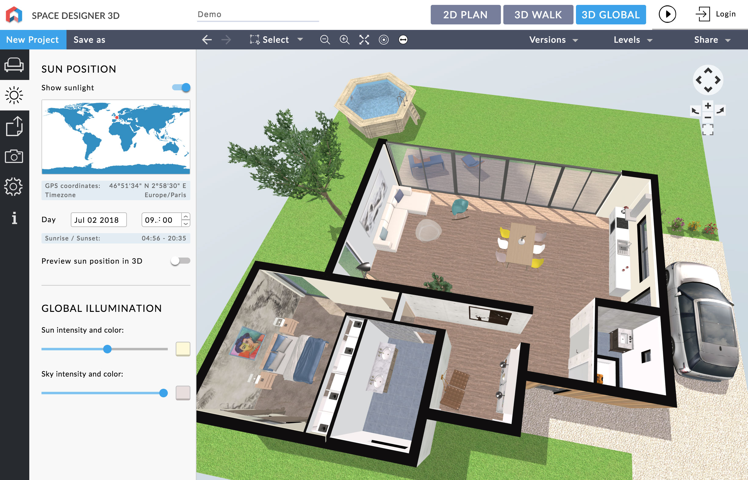 Natural light and sun position simulation in Space Designer 3D version 3