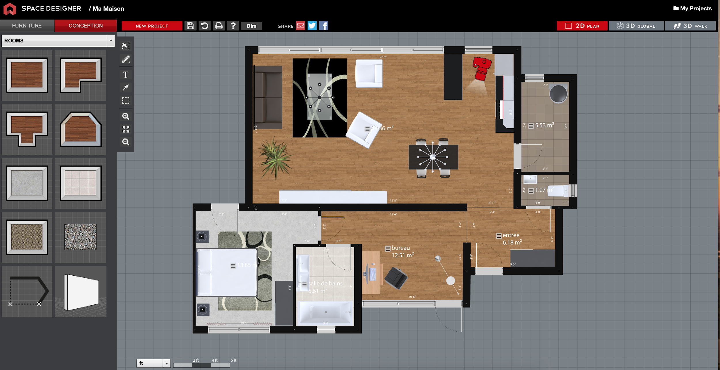 Screenshot of a multi-room floor plan in Space Designer 3D version 2