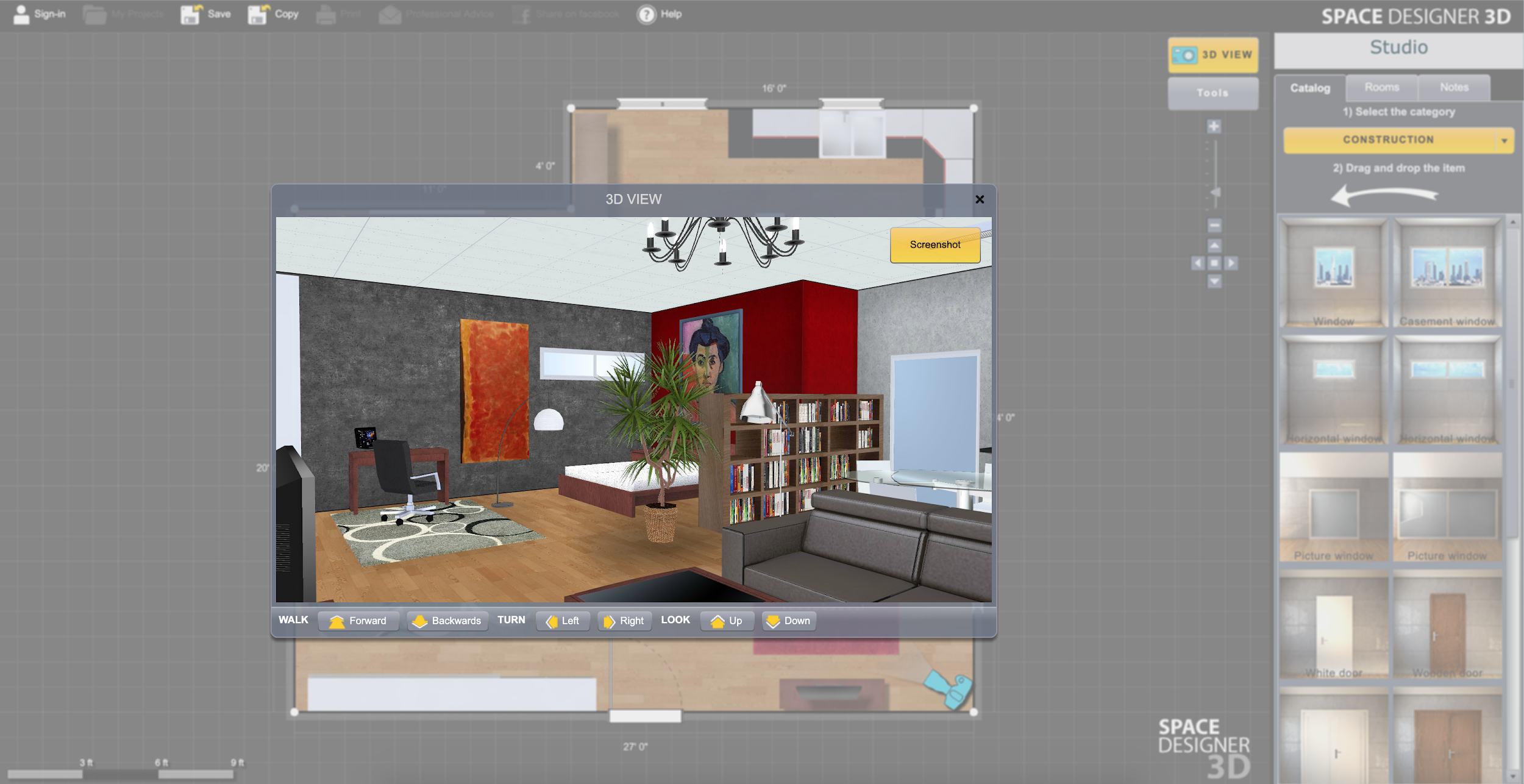 Immersive interior 3D view of a room in Space Designer 3D version 1