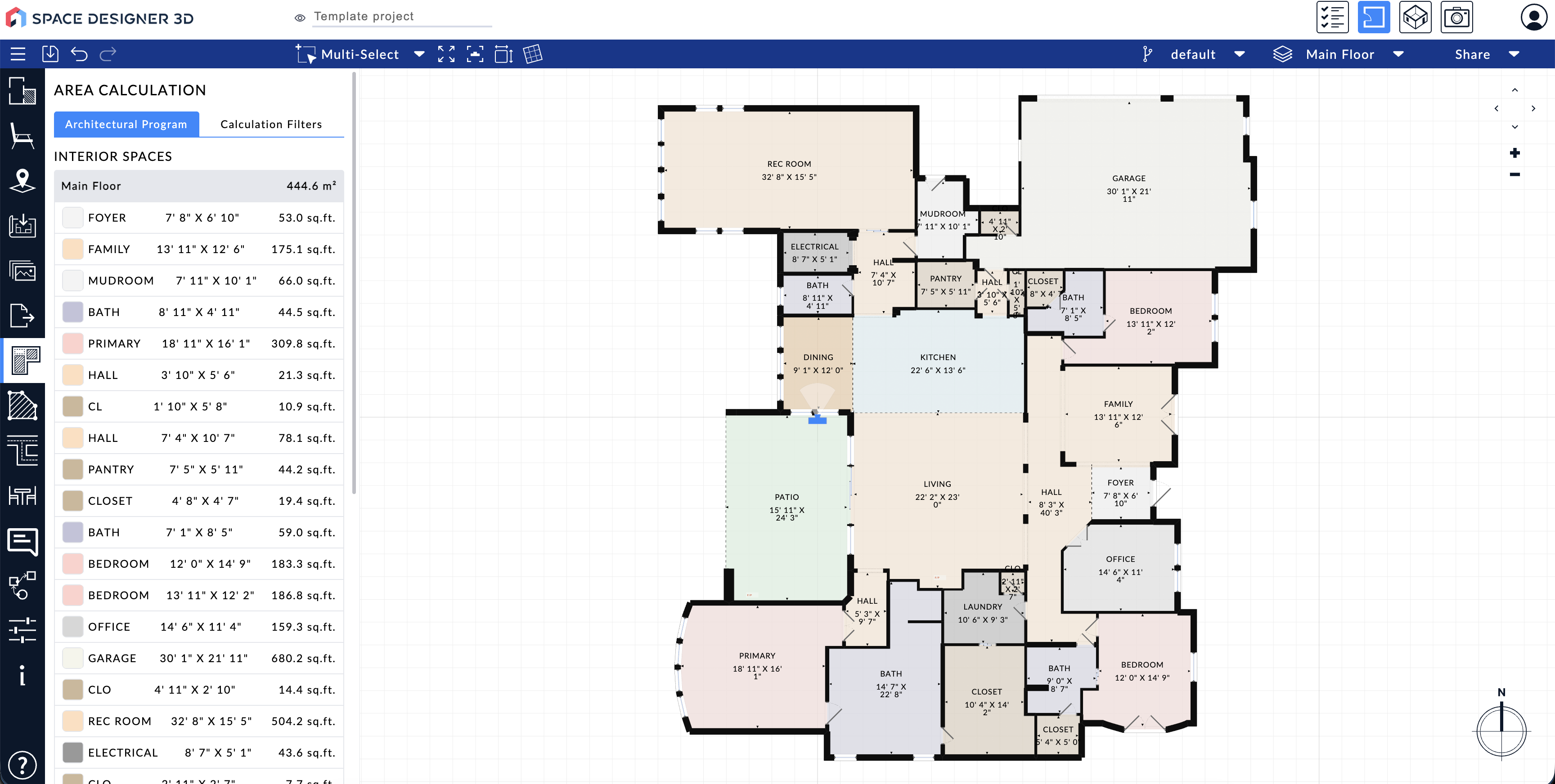 Screenshot of automatic floor plan detection and surface calculation in Space Designer 3D version 5