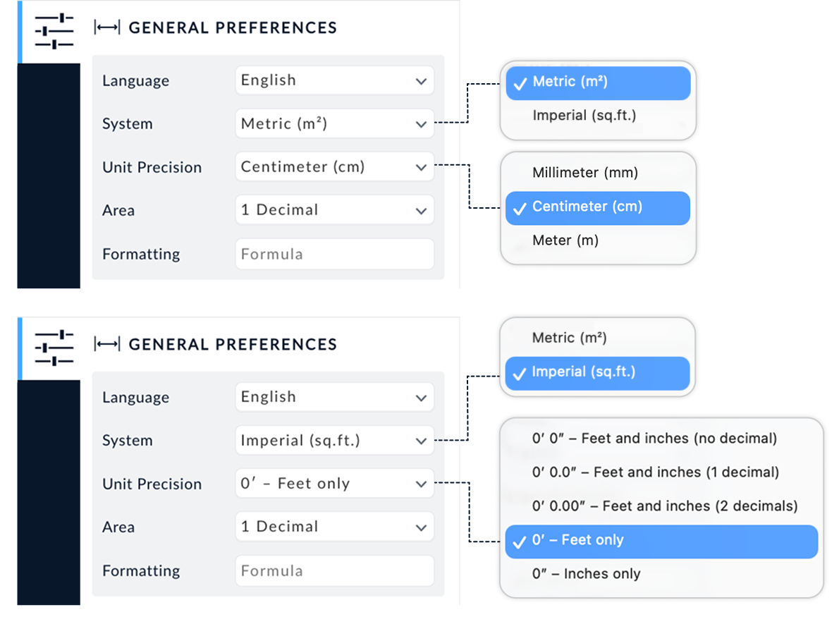Instellingentabblad om metrische of imperiale projectunits te kiezen