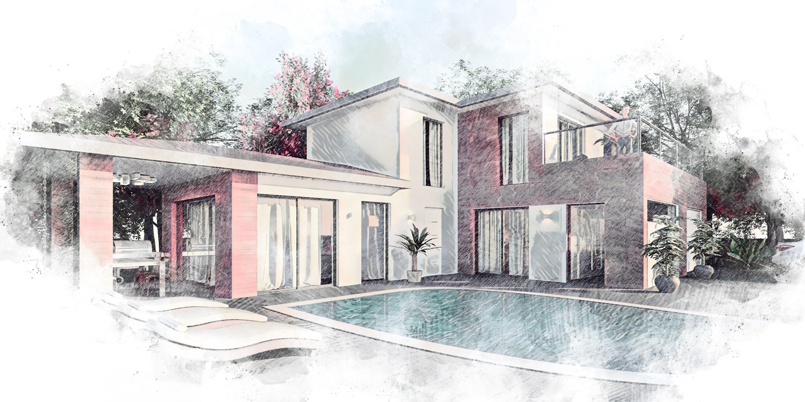 Artistic rendering of a modern French home with pool and terrace.