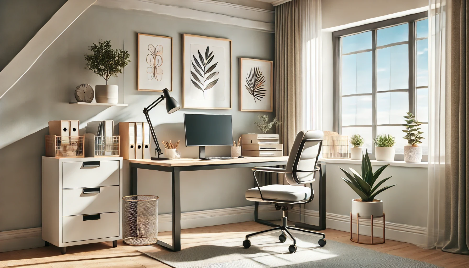 Modern home office layout with desk, monitor, ergonomic chair, storage drawers, and plants by a sunny window