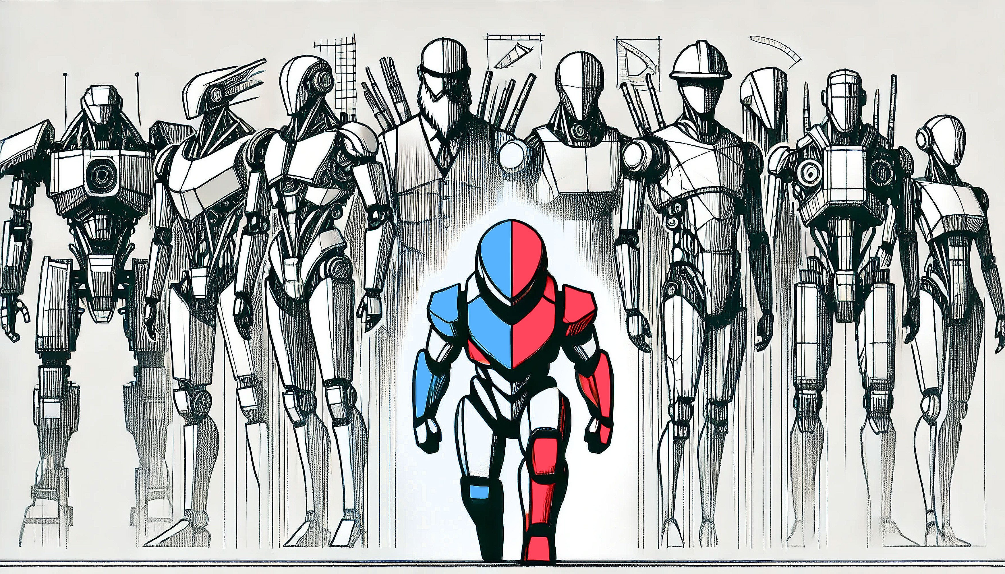Illustration of a small, colorful robot standing out among larger monochrome robots.
