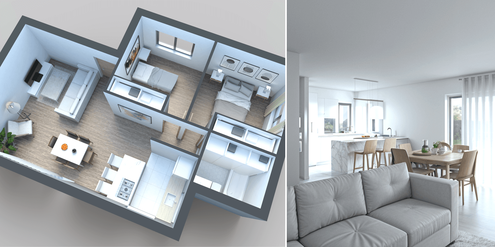 Layouts de apartamento de 2 quartos para casais, colegas de quarto e pequenas famílias